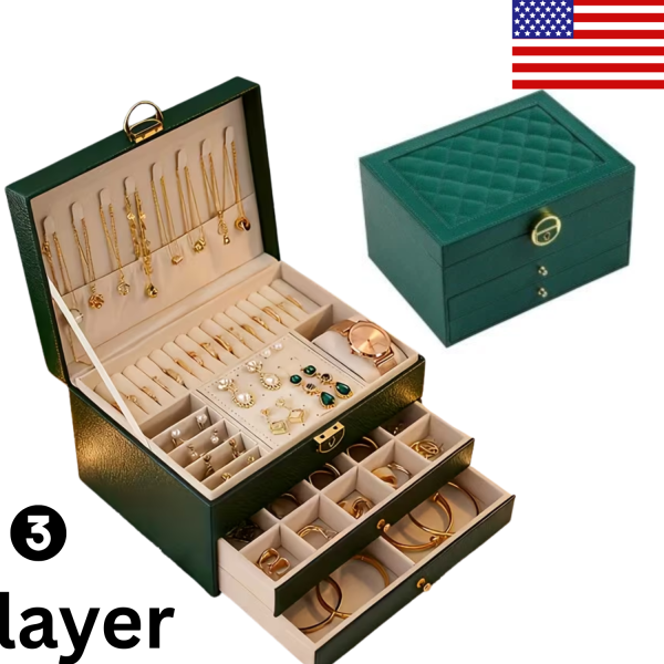 3 Layers Jewelry Box Organizer Large Capacity Ring Earring Necklace Storage Case