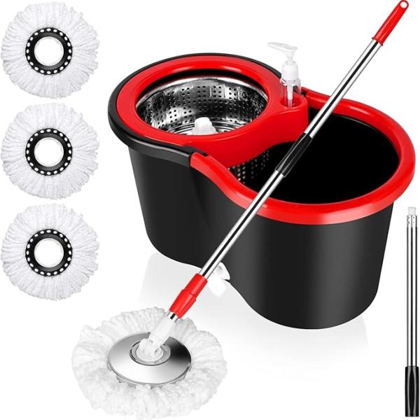 360° Spin Mop and Bucket with Wringer Set Spinning Mop System 4 Mop Refill