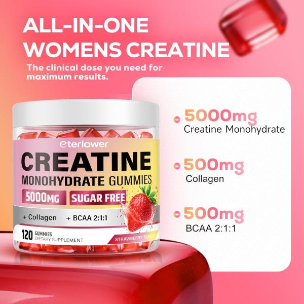 Creatine Monohydrate Gummies, 5g Creatine Gummies for Women & Men.Pre-Workout & Muscle Growth Support, Contains BCAA, Collagen, Sugar-Free, 120 Count