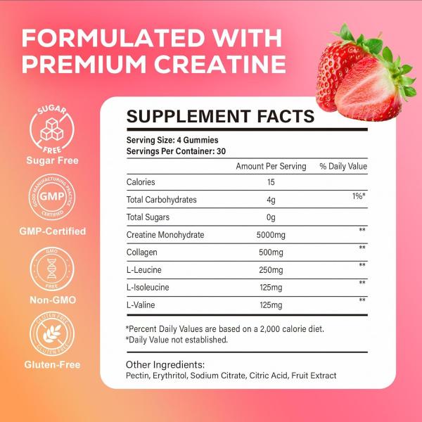 Creatine Monohydrate Gummies, 5g Creatine Gummies for Women & Men.Pre-Workout & Muscle Growth Support, Contains BCAA, Collagen, Sugar-Free, 120 Count