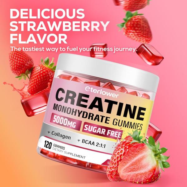 Creatine Monohydrate Gummies, 5g Creatine Gummies for Women & Men.Pre-Workout & Muscle Growth Support, Contains BCAA, Collagen, Sugar-Free, 120 Count