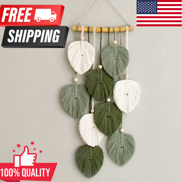 Boho Green Leaf Wall Hanging Tapestry Handwoven Acrylic Wall Art Indoor