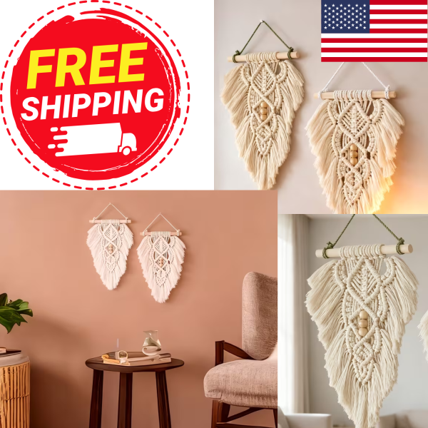 1/2PCS Boho Leaf Wall Hanging Tapestry Handmade Feather Décor Beige Brown
